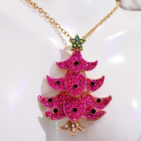 Gold-plated pink and green crystal Christmas tree necklace/broach - Picture 7 of 11